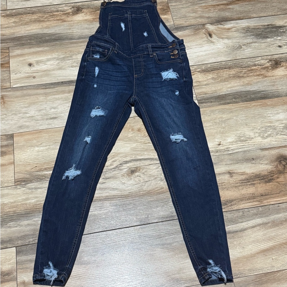 Fashion Nova Dark Blue Distressed Overalls